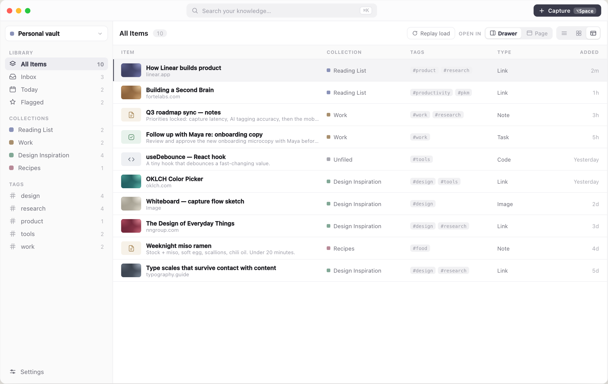 Table view: items in rows with columns for collection, tags, type and age.
